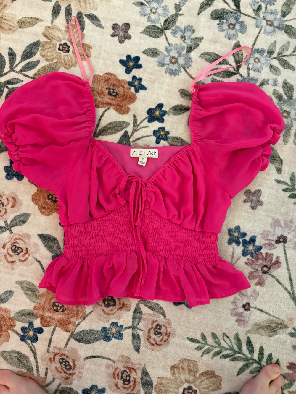 She + Sky Bright Pink Puff Sleeve Smocked Crop Top